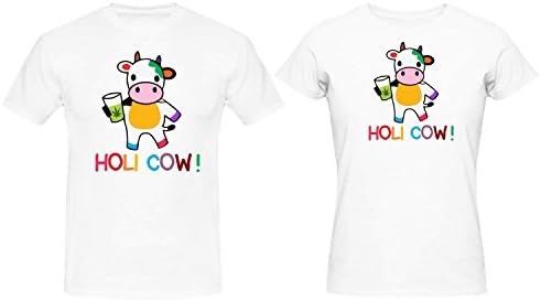 TheYaYaCafe Yaya Holi Cow Printed Holi Couple T-Shirts for Men Women Polyester - White