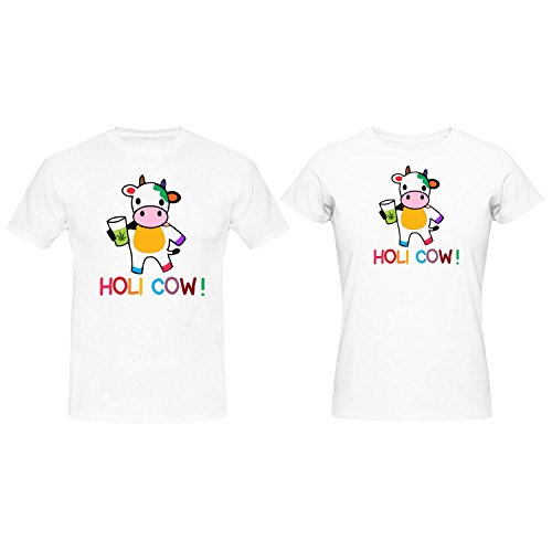 TheYaYaCafe Yaya Holi Cow Printed Holi Couple T-Shirts for Men Women Polyester - White