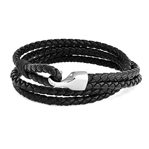 Unisex Multilayer Black Stackable Woven Weave Braided Double Wrap Echt Leather Bracelet Woven Bangle Bracelet for Men Teens Freundin Stainless Hook Clasp