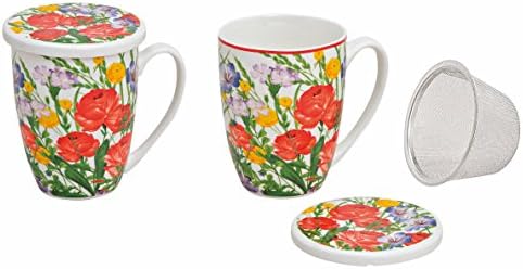 Porcelain Tea Cup with Lid and Strainer Flower Meadow