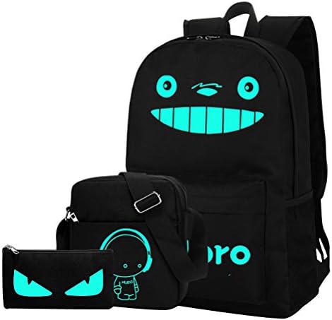 Personality Luminous Rucksack Oxford Textile School Bag Bookbag Waterproof Travel Backpack + Shoulder Bag + Pencil Case (Black (Luminous Totoro)) (Large (13.6"L x 6.3"W x 19.3"H))