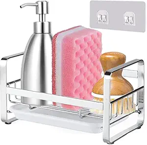 Zollyss Sponge Holder for Kitchen Sink,Su 304 Sainless Stell Soap Dispenser with Sponge Holder Caddy Organize,Countertops and Walls Soap Tray Dish Drainer,with Detachable Dish Drainer Tray