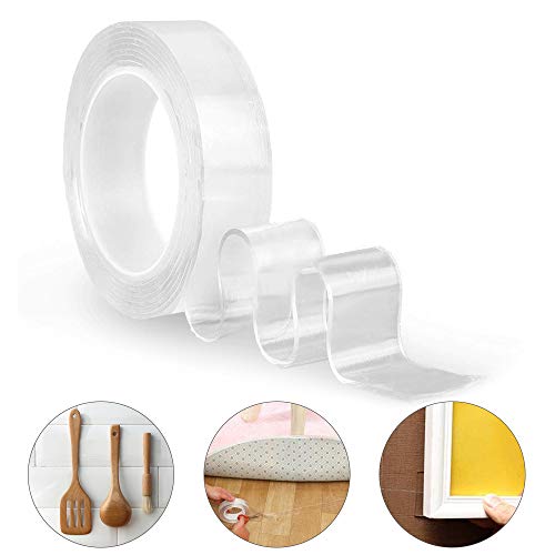 Anoak Waschbares Spurloses Klebeband,Nano Entfernbares Klebeband,Wiederverwendbares Klebstoff Doppelseitiges Klebebänder, Extra Starke Klebekraft,Hitzebeständig, (Transparent,2mm*3cm*3m,1 Rolle)