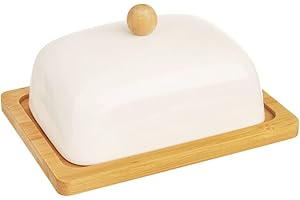 ORION GROUP Mantequera de porcelana con tapa, 16 x 13 x 8,5 cm, porcelana blanca y madera de bambú, recipiente de mantequilla ecológico, decoración perfecta para mesa y cocina