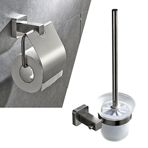 Auralum® Chrom WC bürste WC-Garnitur Papierhalter Klobürste Bürstengarnitur Bürstenhalter Matt mit eckige Basis
