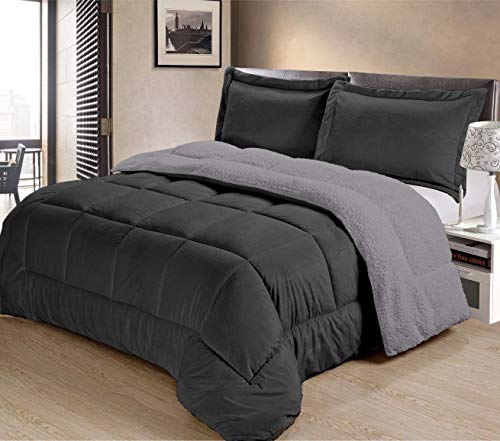 ADP Home - Juego Edredón Sedalina Lisa con Borreguito (240x220 CM) + 2 Fundas de Almohada con Volante (50x70 +5 CM) Color: Gris