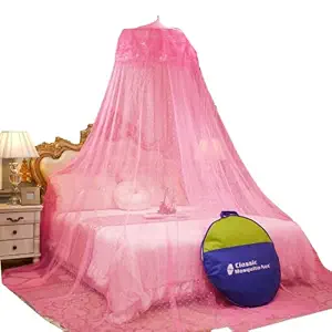 Classic Mosquito Net , Round Ceiling Hanging Double Bed Canopy , Polyester Foldable - 60*260*1200 cm Pink