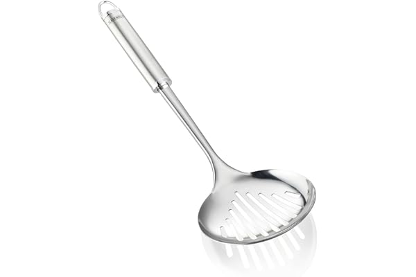 Leifheit Écumoire Sterling, Grande cuillère ajourée 36 cm idéale pour le service à table, Écumoire inox design de qualité supérieure avec œillet de suspension pratique, Écumoire grand modèle