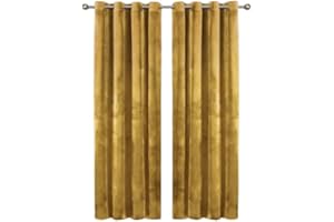 Oxford Homeware Blackout Curtains for Bedroom – Ochre 66x90 Super Soft Crushed Velvet Curtains Ring Top - Thermal Insulated Curtains + 2 Tie Backs (168cm x 228cm)
