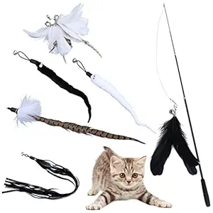 Qpets 7 Piece Cat Feather Toy Interactive Cats Teaser Wand Toy Retractable Teaser Wand Feather Worm Teaser