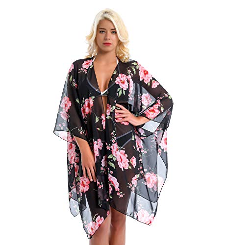 Lachi Mujer Camisolas Pareos de Playa Bikini Cover Up Vestido de Playa Chal Cárdigan Kimono Florales para Playa Viaje Beach Vacación Anti UV Gasa