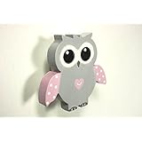 Bouton de meuble chouette gris et rose en bois peint