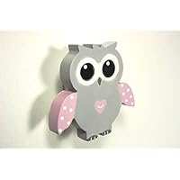 Bouton de meuble chouette gris et rose en bois peint
