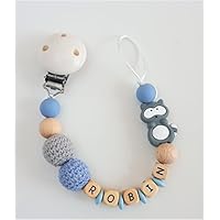 Schnullerkette mit Namen in Jeansblau und Grau mit Silikon- und Häkelperlen und einer Waschbären-Perle