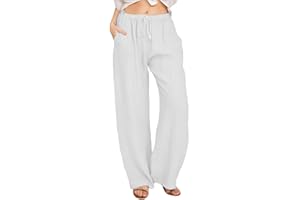 WINKEEY Damen Leinenhose Casual Sommer Freizeithose mit Taschen Frauen Hosen Jogginghose Loose Bequem Yogahose Mit Kordelzug Mit Kordelzug