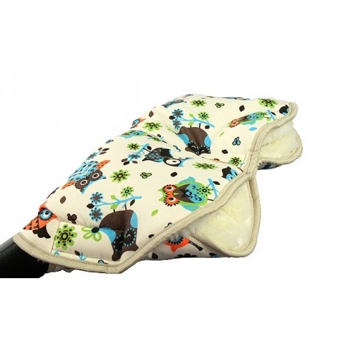 Baby Pram Pushchair Winter Wool Lined Handmuffs / Hand Warmer Muffs - Beige Owls
