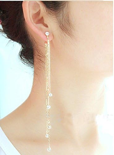 Lucky Will Women's Ladies Rhinestone Alloy Super Long Tassels Drop Dangle Linear Earrings Golden