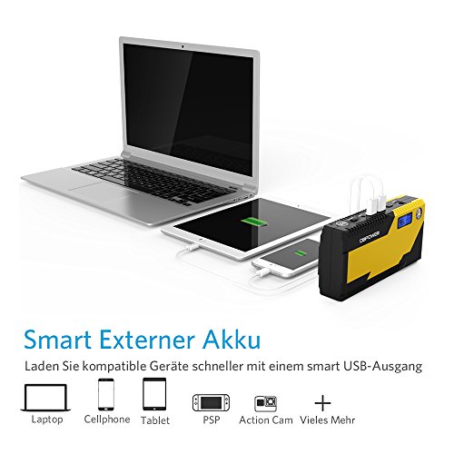 500A Spitzenstrom 12000mAh Tragbare Auto Starthilfe Autobatterie Anlasser, Externer Akku Ladegerät mit Kompas, LCD Display und LED Taschenlampe für Laptop, Smartphone, Tablet und vieles mehr - 4