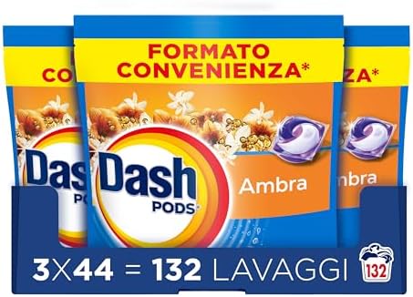 Dash Pods Detersivo Lavatrice In Capsule, 132 Lavaggi (3x44), Ambra, Rimuove le Macchie, Igienizza, Dona Freschezza, Brillantezza Per I Capi