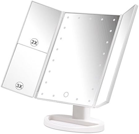 Herwiss Lighted Makeup Vanity Mirror with 180 Degree Rotation Stand Up Three-way Featuring 1x 2x 3x Magnification with Dimming Touch Sensor USB and Battery Operated Trifold Mirror