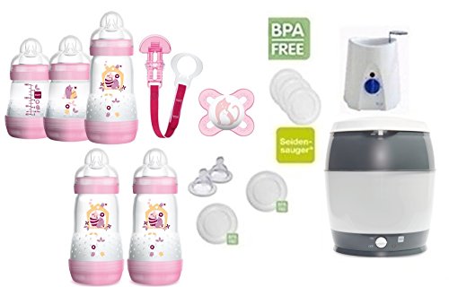 MAM Set 6 - Startset - Flaschen Sterilisator Babykoster Sauger 20 teilig - Mädchen + gratis Schmusetuch Löwe Leo