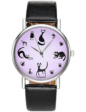 JSDDE Uhren,Katze Design Lila Dial Armbanduhr Damen Rund Uhr PU Leder Analog Vintage Quarzuhr,Schwarz