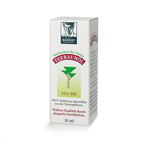 BADERs Teebaumöl MA-100, 30ml. Pharma-Qualität, doppelt destilliert. 100% reines melaleuca alternifolia. Hilfreich bei unreiner Haut, Akne, Warzen etc. Lichtschutz-Faltschachtel. Pharma-Nr: 0237966 - 5