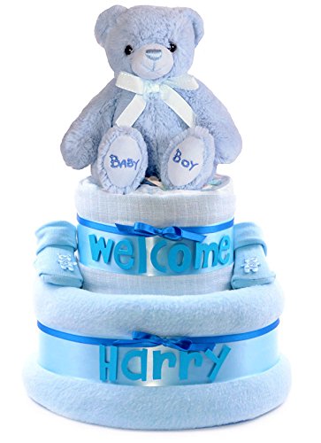 Personalised 2 Tier Blue baby boy shower nappy cake hamper - FAST & FREE DELIVERY!