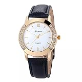HKFV Genf Mode Frauen Diamant Analog Leder Quarz Armbanduhren Uhren（Schwarz-weiße Rose） (Schwarz)