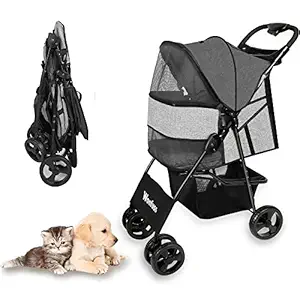 Pet Strollers for Cats and Dogs - 4 Wheels Wonfuss Pet Gear Travel Carriage Pushchair for Medium Small Dog Cat with Mesh Window, One-Click Fold, Safety Belt, Storage Basket, Cup Holder