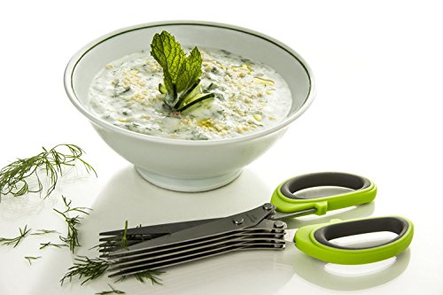 Trenta Kitchen Kräuterschere mit Mehrzweck-Schäler, für Obst und Gemüse, hochwertiges Küchenzubehör, Schere mit 5 Edelstahlklingen, inkl. Schutzhülle und Reinigungskamm grün - 5