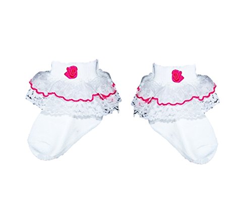 Baby Girls Cute CERISE PINK ROSE Frilly Socks in White (6-12 Months)