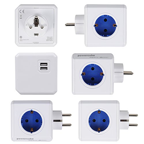 Allocacoc PowerCube 2 USB Port 4 Verteiler Reiseadapter mit Rücksetzbare Sicherung Steckdose 230V Schuko, Cobalt Blau - 2