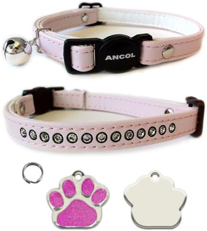 ANCOL Cat Light Pink Deluxe Jewel Quick Release Collar With Engraved Paw Print Shaped Glitter Cat ID Tag