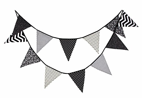 Colourful Fabric Bunting Flags,Double Sided Cotton Bunting for Festival Party Decorations,3.2 Meters 12 Flags (Black and White) Colourful Fabric Bunting Flags,Double Sided Cotton Bunting for Festival Party Decorations,3.2 Meters 12 Flags (Black and White)