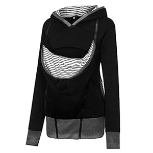 BaZhaHei Women Maternity Baby Pouch Carrier Striped Hoodie Kangaroo Zipper Pregnancy Coat Long Sleeve Childcare Bag Autumn Winter Warm Sweatshirt Black