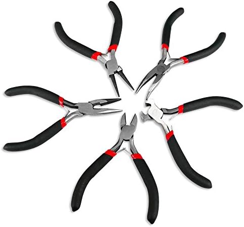 Jazzka Mini Pliers Tools Set 5 Pieces Wire Cutter Round Bent Flat Nose Kit Jewellery Making Beading Cutting with Soft Grip Handles