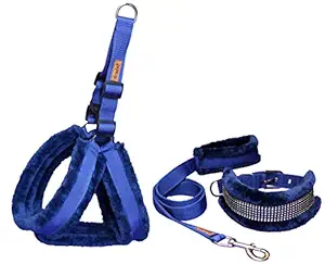 Petshop7 Fur Padded Nylon Dog Harness, Dog Collar & Dog Leash Large (Chest Size - 29-35inch) Blue