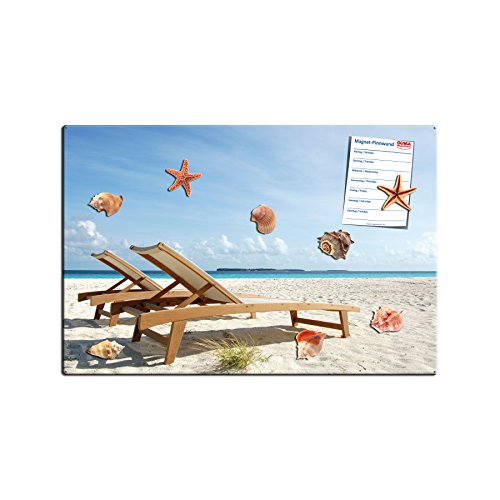 Liegestuhl am Strand - Paradiesische Design Metall Magnettafel 60x40 cm - Pinnwand Memoboard mit Motiv: Strand/Liegestuhl - inkl. 8 Magnete Muscheln und Seesterne für Magnetwand - Original Magnetpinnwand GUMA Magneticum
