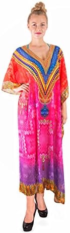 Mia Creations Printed Long Kaftan with Embellished Neck Detail One Size Maxi Dress Cover-up (Turkish Delight)