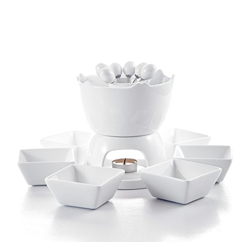 Malacasa, Serie Favor, 14-teilig Porzellan Schokofondue Set Fondueset Porzellan Schokoladenfondue Fonduetopf mit 6 Fondue Schälchen 6 Fonduegabeln für 6 Personen - 3