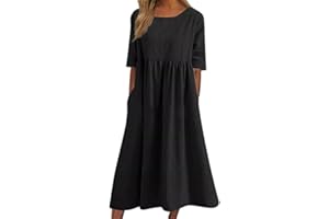 CENUHE 2023 Donne Cotone Lino Abito Manica Corta Crewneck Tasca Abito, Donna Estate Abito