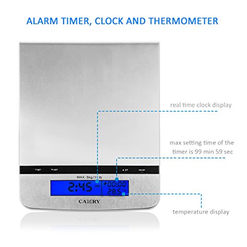 Camry Digitale Multifunktionsküchenwaage mit Thermometer, Wecker und Echtzeituhr, Edelstahl, Kapazität bis zu 5 kg, zum Verstauen aufhängbar, EK8450, 23.5×3.5x17cm - 2
