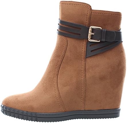 Sopily Chaussure Femme Bottines Boots compensé 9cm aspect daim - fermeture eclair cheville et Boucle avec Bride Couleur Camel Taille 39