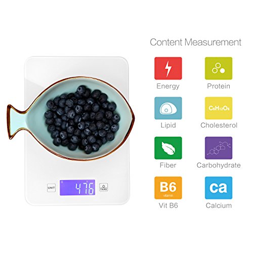 Thinp digitale Küchenwaage, elektronische Waage mit Bluetooth für Vermessung von Gewicht, Energie, Protein, Lipid, Kohlenhydrate, Faser, Cholesterin, Vit B6 und Kalzium,bis zu 5KG, hergestellt aus gehärtetem Glas,Garantiezeit von 2 Jahr - 2