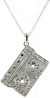 Clear Crystal on Silver Plated Large Tape Cassette Necklace