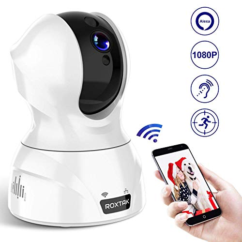 Preisvergleich Produktbild Überwachungskamera, ROXTAK 1080P FHD WLAN IP Kamera mit Personendetektion, Geräuschmelder, Bewegungsmelder / Alexa kompatibel / IR Nachtsicht 350 &100 Pan&Tilt / Cloudspeicher / [NeueVersion]