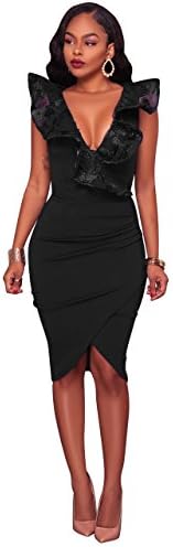 VERTTEE V Neck Ruffle Plain Bodycon Sleeveless Midi Tight Wrap Women's Party Dress Woman Dress (XL, Black Lace Neck)