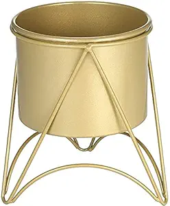 UV Flower Plant Pot with Stand, Gold Metal Plant Pot with Gold Metal Stand for Herbs Orchids Cacti Succulents Indoor Outdoor Display | Flower Holder for Garden | 1 Piece (Gold)