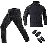 SGOYH Pantalon de Sport à Poches Multiples Tir à la Tricolore Pantalon BDU Tactical Airsoft Chemises à Manches Longues avec genouillères et coudières (S,Noir-CP)